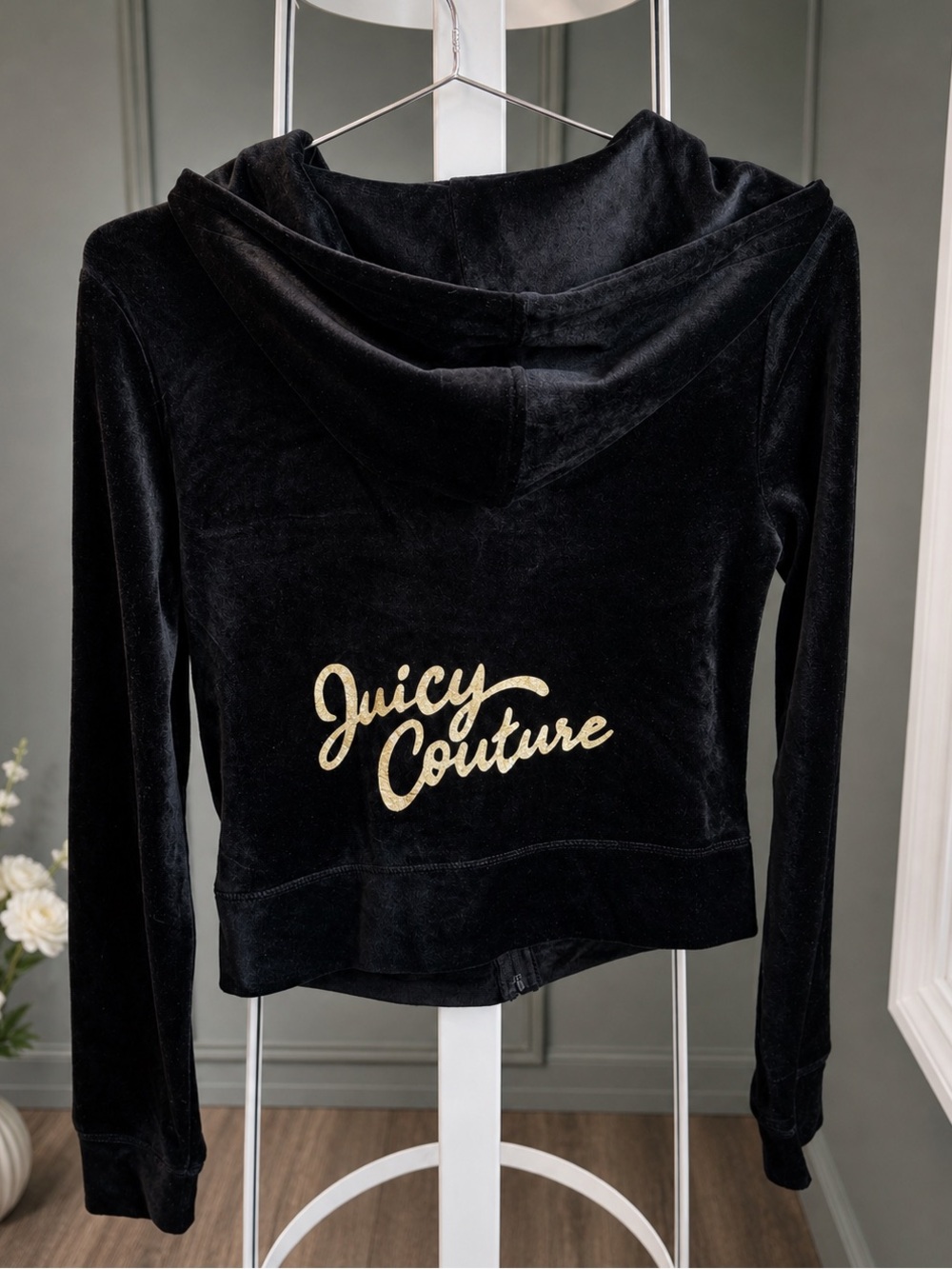 Juicy Couture Black Velour Hoodie with Gold Script